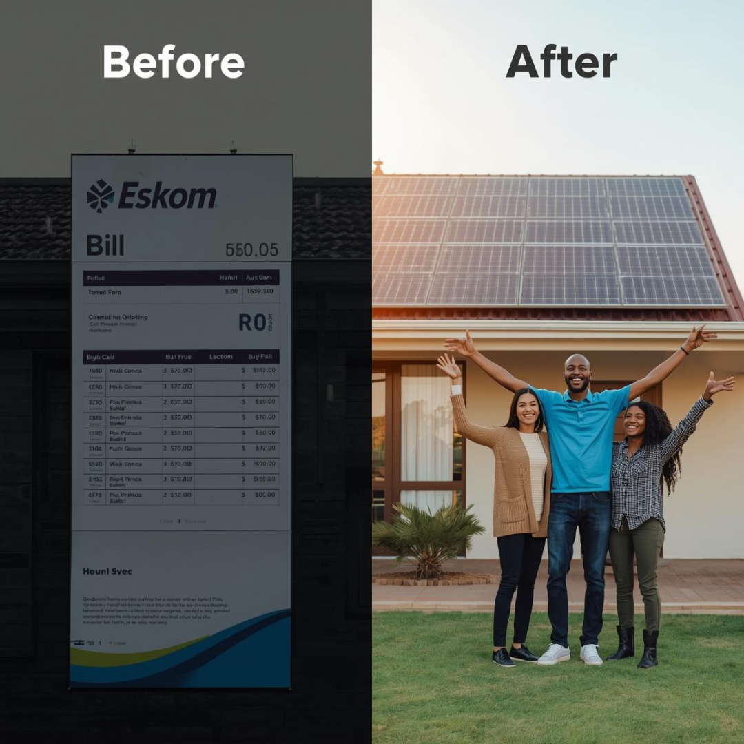 Before after 5 kW hybrid solar kit South Africa fire Eskom save R20k yearly