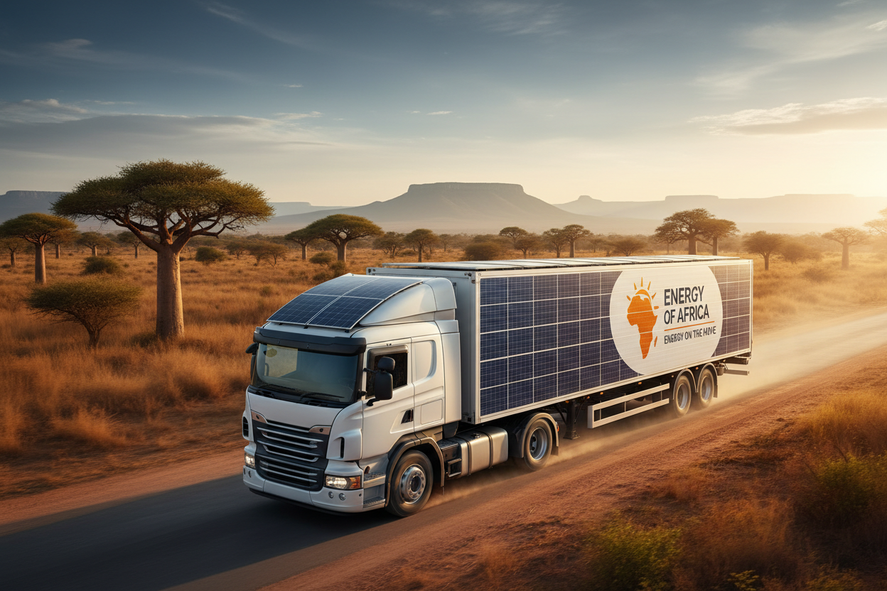create a collection image for logistics. Maybe a truck with solar panels on. Also add an Energy Of Africa Logo and wording saying Energy on the move.
