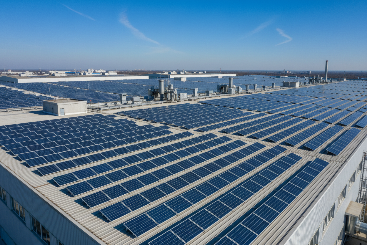 Factory roof with a commercially installed solar system
