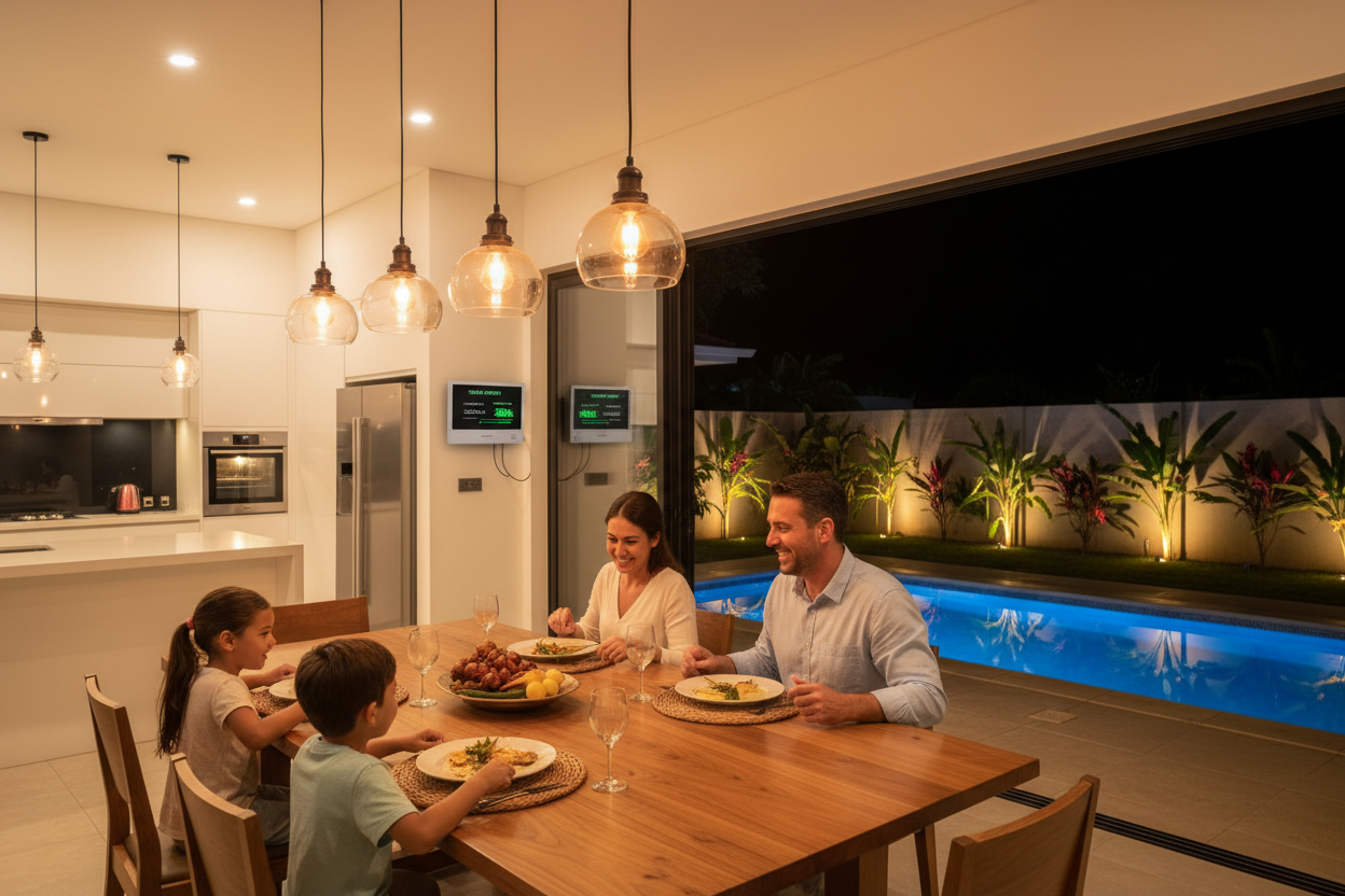Family happily chatting and eating dinner inside beautifully lit home, modern kitchen with appliances on, blue pool outside well lit, garden lights shining, pitch black outside, solar inverter screen glowing green, solar battery status showing 98%, cozy and safe atmosphere, hyper-realistic night photography