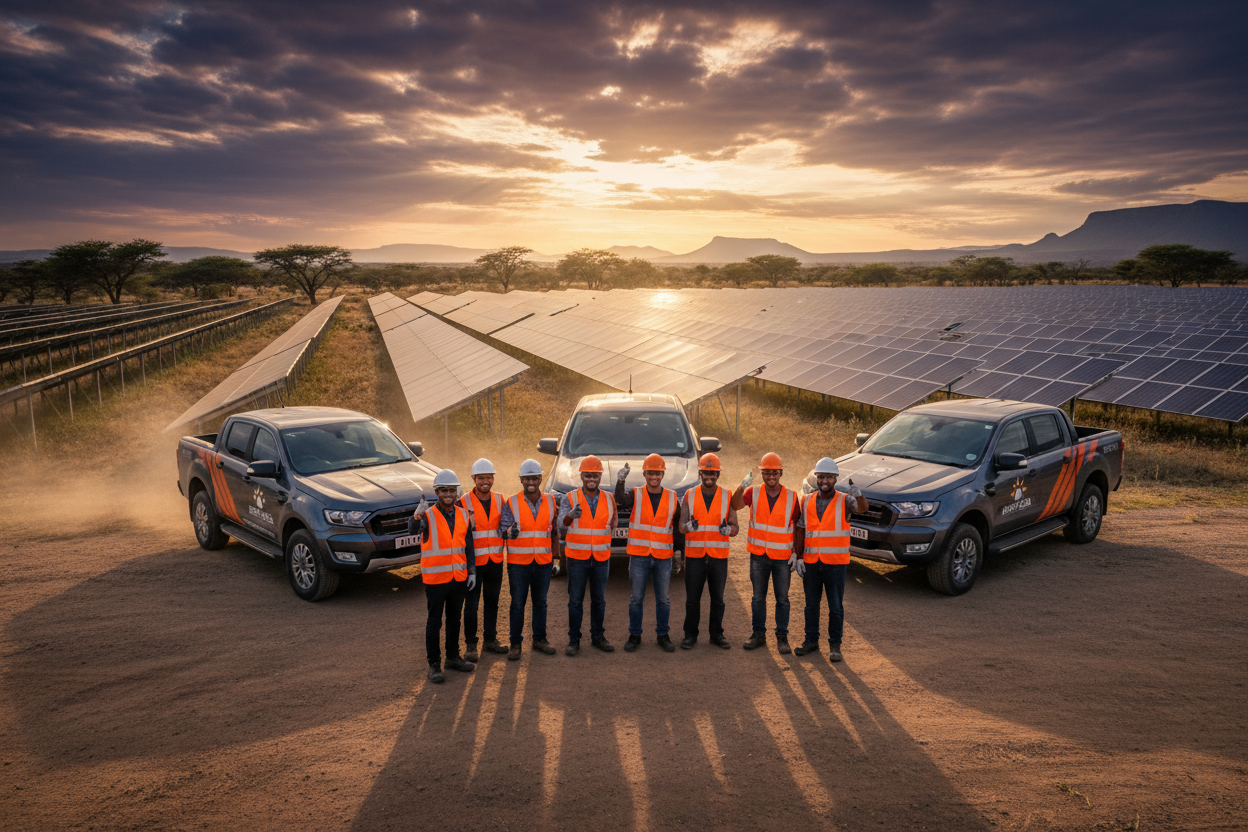 Group photo of solar installation team happy that the project is complete. With safety gear in orange and Ford Ranger bakkies with Energy Of Africa branding behind them. A large scale ground mount solar panel array in the background. dramatic south african sky behind them cinematic style. 