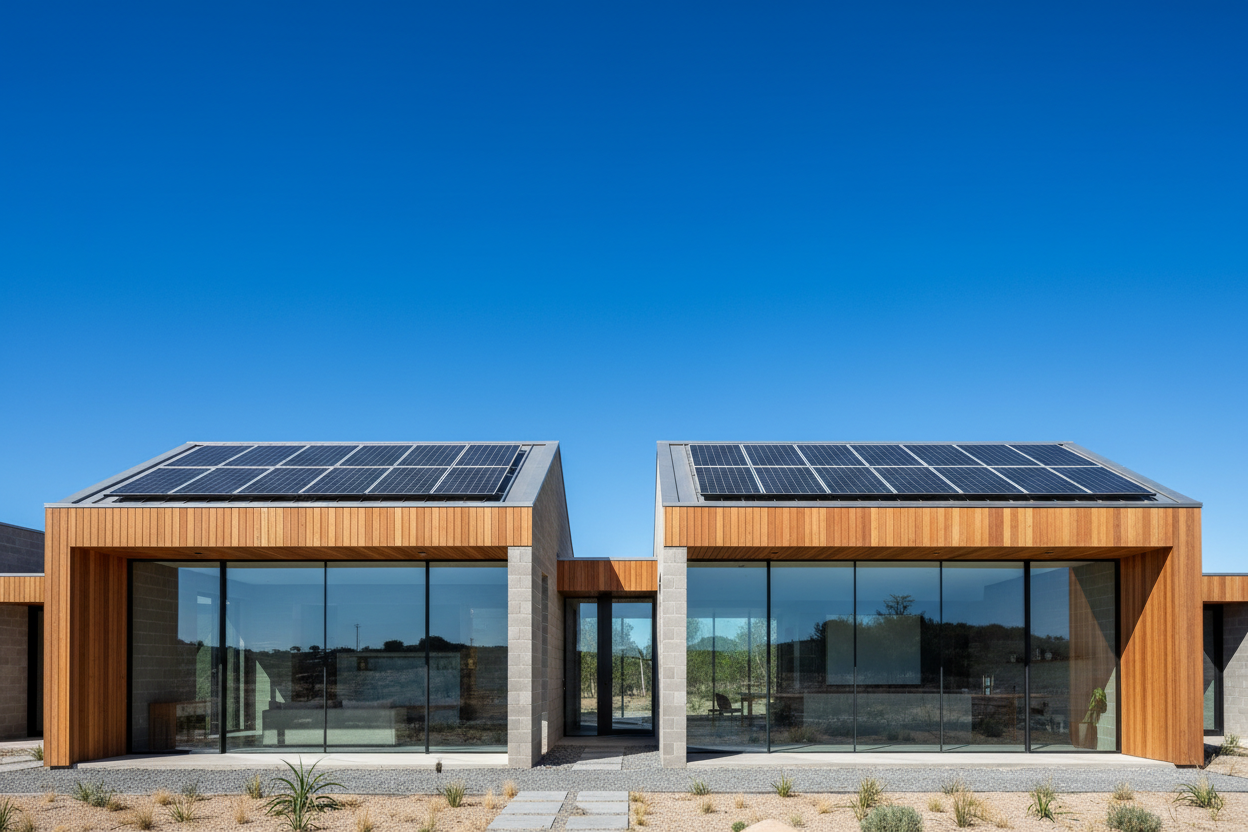 modern architecturally designed house with 20 solar panels on the roof and a blue sunlit sky. Wood and concrete elements with lots of glass.