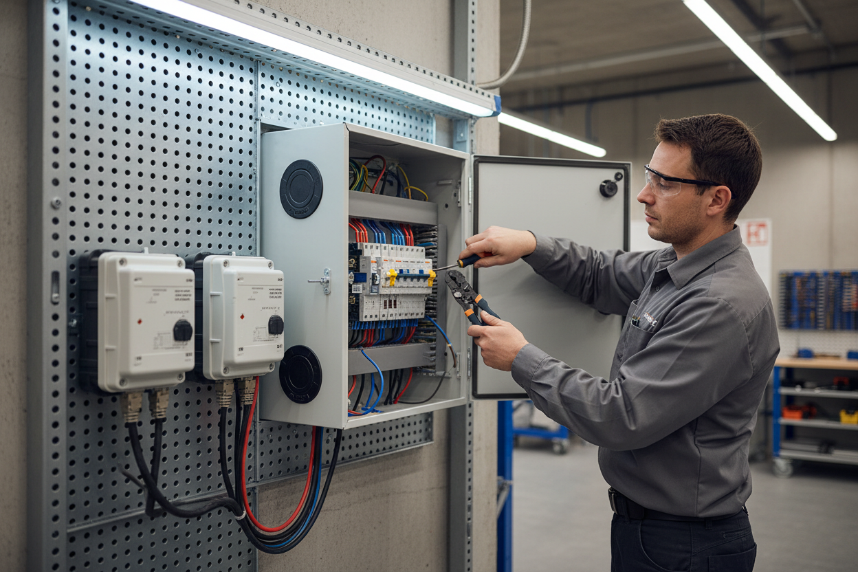 Photorealistic AC combiner box with switches, and breakers open for view, AC isolators nearby, mounted setup, technical professional 4K. Master electrician wiring up the breakers.