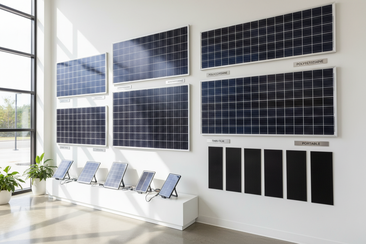 Photorealistic collection of different sizes and types of solar panels on a solar shop display room wall. Lots of light. high resolution 4K.