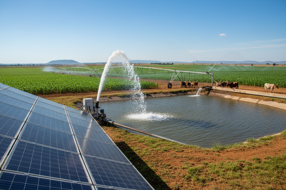Photorealistic dynamic scene of solar-powered water pump in action on a rural South African landscape: water spraying from pipe, water running into dam from pipe, Water running into crib with cattle standing around, Pivot system spraying water over green crops, solar panels nearby, clear blue sky, vibrant greenery, high resolution 4K.