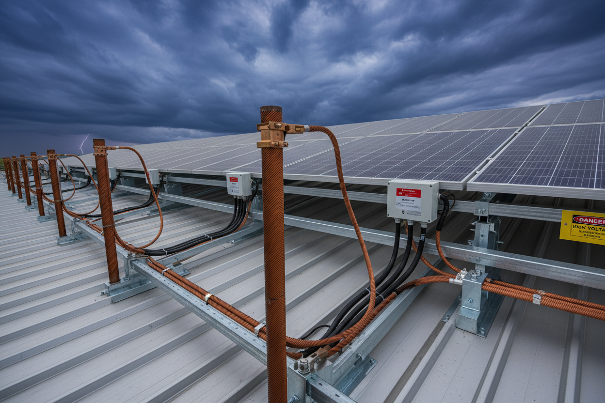 Photorealistic grounding rods, surge protection devices, and earthing cables installed on solar array, stormy sky in background, safety focused, high resolution 4K.