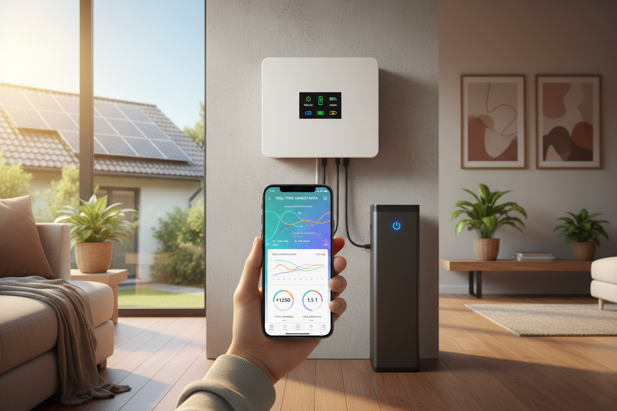 Photorealistic hybrid inverter installation: unit on wall with app monitoring on phone, solar panels on roof, battery storage, family home interior, vibrant and reliable feel, 4K.