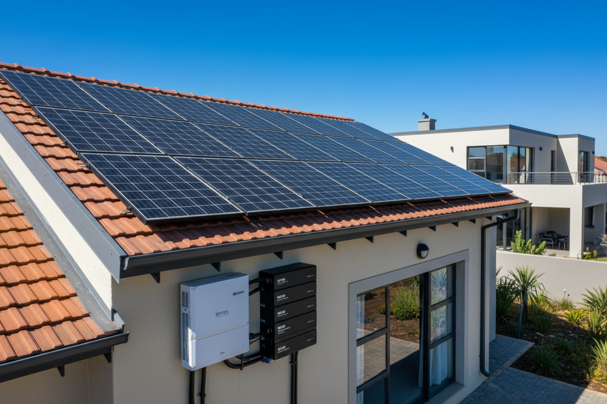 Photorealistic image of a complete solar combo setup on a South African rooftop: multiple solar panels, hybrid inverter, and lithium battery bank neatly installed, sunny day with blue sky, modern home in background, professional and vibrant, high resolution 4K.