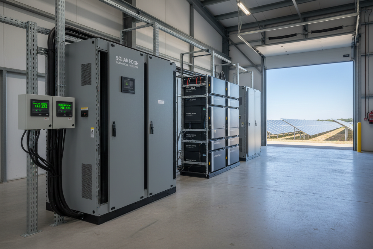 Photorealistic large three-phase inverter and commercial battery bank in commercial setup. mounted in warehouse, connected ground mount open field solar array outside in the sunlight. power meters active showing savings. industrial professional style, high resolution 4K.