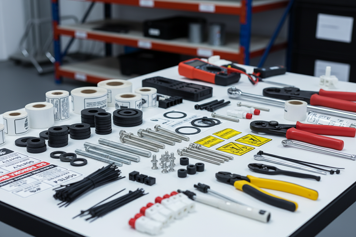 Photorealistic variety of solar consumables: screws, seals, labels, tools, and small accessories arranged on workbench, solar tools visible, professional 4K.