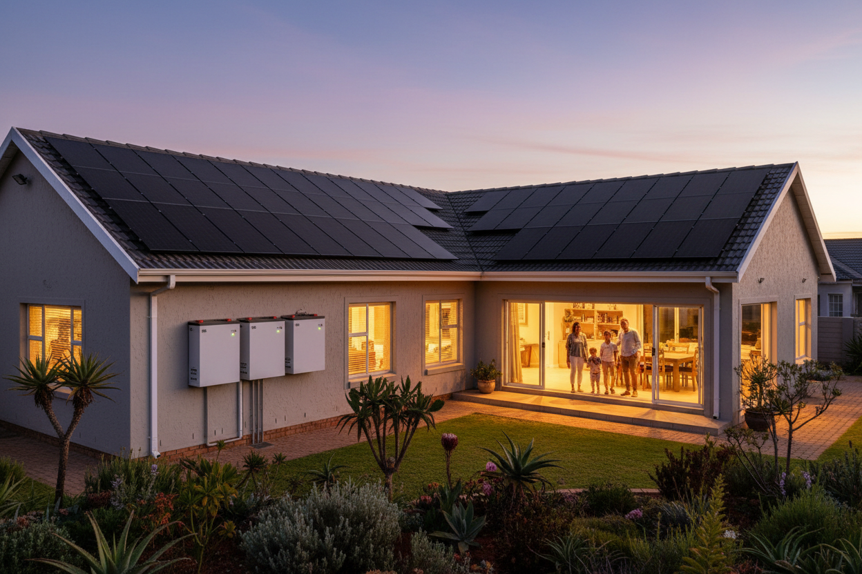 Photorealistic view of a suburban South African house with full residential solar installation: rooftop panels, wall-mounted batteries, family enjoying lights during evening, warm lighting, clear sky, high resolution 4K.
Best Selling Solar Systems