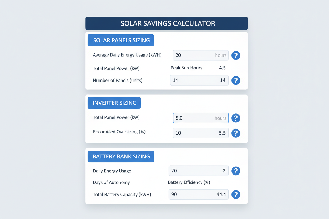 Screenshot of a solar calculator showing Solar Panels, Inverter and battery bank sizing with question marks