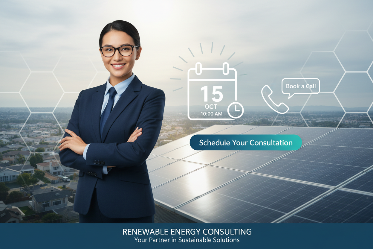 Solar Consulting engineer with glasses + Calendar + phone icon for booking a solar consultation