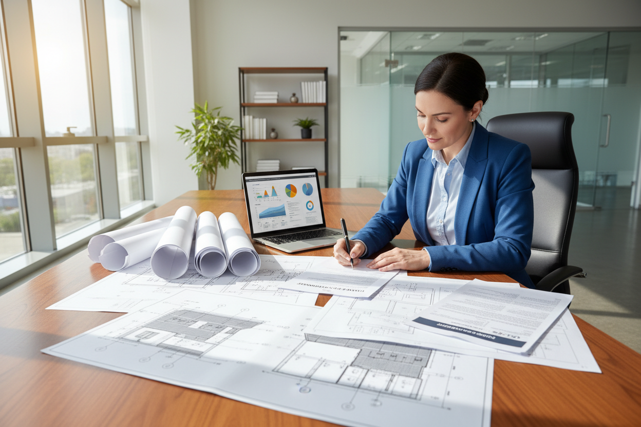 Solar Engineer at desk, looking over solar designs and signing PPA contract