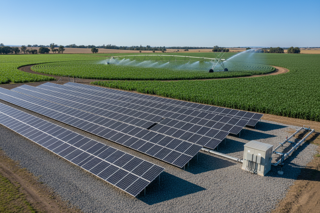 Solar pump with VSD drive next to a green field with crops. Pivot system irrigating the crops. Make it a ground mount panel bank with 144 solar panels. Grey crusher stone under the panel bank. 