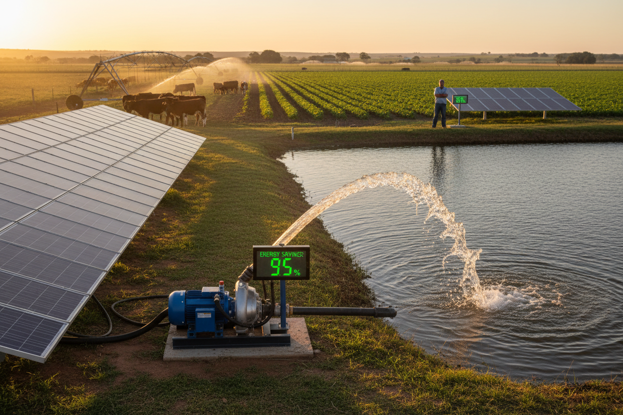 Solar VSD drive and surface pump with large ground mount PV bank, meter with showing huge energy savings, next to a big dam in the Free State, powerful jet of water from pump filling the dam, Cattle grazing and pivot system irrigating lush green crops in the background, farmer smiling with arms crossed, solar panels on ground mount behind him, golden hour, photorealistic