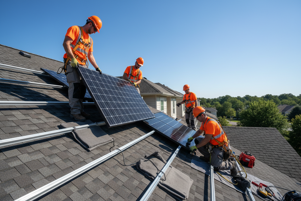 Certified solar panel installers in South Africa safely mounting PV system on tiled rooftop – Energy of Africa