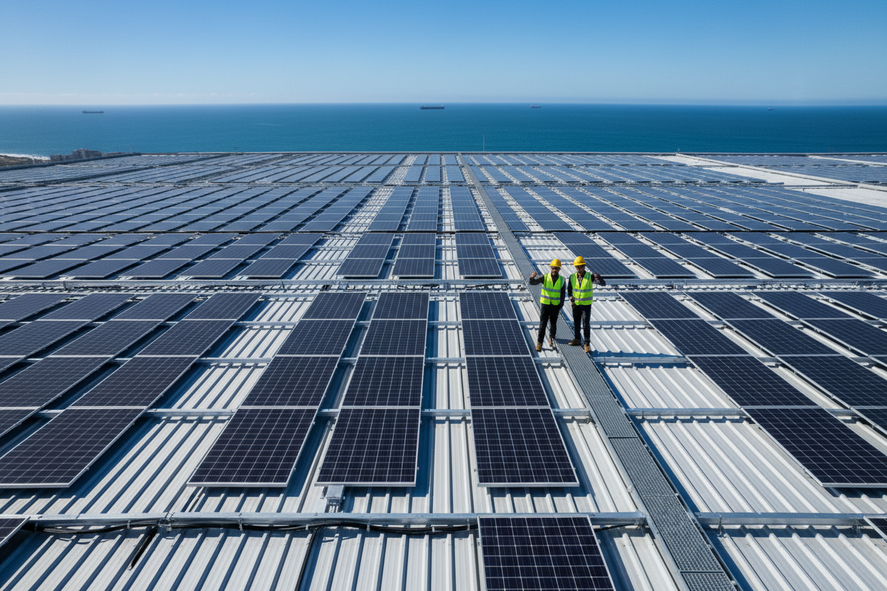 Warehouse roof in Durban filled edge-to-edge with solar panels, walkways running in one direction, two technicians in hi-vis, standing on walkways, giving thumbs up, ocean visible in distance, crystal clear day, cinematic lighting